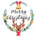 Merry Christmas. Illustration with a deer and a wreath