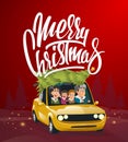 Merry Christmas illustration, family holidays on car