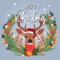 Merry Christmas. Illustration of the festive wreath of fir branches, citrus and spices and cute deer
