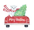 `Merry Christmas` illustration with red vintage truck and cute polar bear.