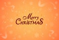 Merry Christmas inscription on festive orange background with falling confetti and snowflakes. Greeting card for Christmas