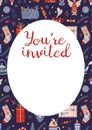 Merry Christmas! Invitation Card Template - You are invited - with holidays attributes, cartoon style. Trendy modern