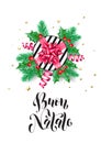 Merry Christmas Italian Buon Natale holiday hand drawn quote calligraphy greeting card background template. Vector Christmas tree Royalty Free Stock Photo