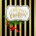 Merry christmas label with gold lettering. Vector