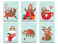 Merry Christmas lazy sloth. Happy New Year cute lazybones, xmas laziness and winter holidays greeting card vector