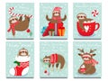 Merry Christmas lazy sloth. Happy New Year cute lazybones, xmas laziness and winter holidays greeting card vector illustration