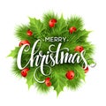 Merry Christmas lettering card with holly. Vector Royalty Free Stock Photo