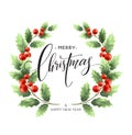 Merry Christmas lettering card with holly. Vector illustration