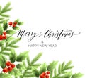 Merry Christmas lettering card with holly. Vector illustration Royalty Free Stock Photo