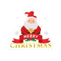 Merry christmas lettering and cartoon santa claus holding gift box Royalty Free Stock Photo