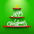 Merry Christmas lettering on ChristmasTree shaped shelves with holiday greeting calligraphy