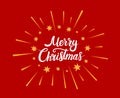 Merry Christmas lettering designs. Vector white and yellow illustrations in a fireworks shape on a red background. Calligraphic