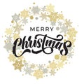 Merry Christmas lettering with golden and silver snowflake ornament pattern, stars and wreath decoration. Merry Christmas