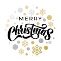 Merry Christmas lettering with golden, silver snowflake ornaments and gold foil ball dots decoration. Merry Christmas calligraphy Royalty Free Stock Photo