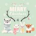 Merry Christmas lettering with hipster polar bears, fox and rabbit