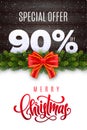 Merry Christmas lettering. Holiday sale 90 percent off. Numbers of snow on wood background with fir garland and red bow Royalty Free Stock Photo