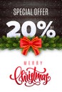 Merry Christmas lettering. Holiday sale 20 percent off. Numbers of snow on wood background with fir garland and red bow Royalty Free Stock Photo