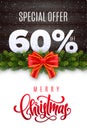 Merry Christmas lettering. Holiday sale 60 percent off. Numbers of snow on wood background with fir garland and red bow