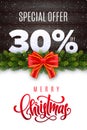 Merry Christmas lettering. Holiday sale 30 percent off. Numbers of snow on wood background with fir garland and red bow Royalty Free Stock Photo