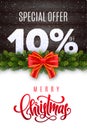 Merry Christmas lettering. Holiday sale 10 percent off. Numbers of snow on wood background with fir garland and red bow