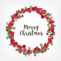 Merry Christmas lettering inside holiday wreath or circular garland made of lingonberries. Round frame consisted of