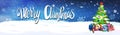 Merry Christmas Lettering Over Night Sky Background With Decorated Fir Tree Horizontal Banner Royalty Free Stock Photo