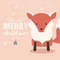 Merry Christmas lettering postcard with cute orange baby fox