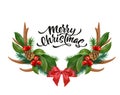 Vector merry christmas lettering horns bow holly Royalty Free Stock Photo