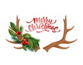 Vector merry christmas lettering horns bow holly Royalty Free Stock Photo