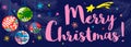 Merry Christmas lettering seasons greeting banner. Christmas tree colorful quote stars snowflakes. New Year horizontal