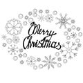Merry Christmas lettering in snowflakes frame