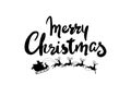 Merry christmas lettering text and santa claus in sleigh with reindeer. Black silhouette for house window design and Royalty Free Stock Photo