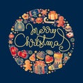 Merry Christmas lettering and toys, mittens, cookies. Circle shape. Vector. Royalty Free Stock Photo