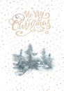 Merry Christmas lettering tree Happy New Year forest card. Winter Holidays . Forest snow postcard graphic design element. Cute