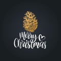 Merry Christmas lettering. Vector pinecone drawing illustration. Happy Holidays greeting card, poster.