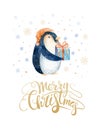 Merry Christmas lettering with watercolour fun pinguin.