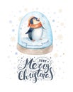 Merry Christmas lettering with watercolour fun pinguin.