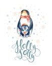 Merry Christmas lettering with watercolour fun pinguin.