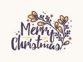 Merry Christmas lettering written with elegant cursive calligraphic font. Handwritten holiday wish decorated with branch