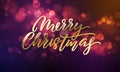 Merry Christmas lettering and Xmas holiday sparkling flares background. Vector Christmas lights sparkles