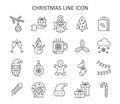 Merry Christmas line icon vector set. Winter vector collection with Santa Claus, knitted cup, gift, snowman, petard, angel, Royalty Free Stock Photo