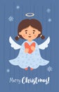 Merry Christmas. Little angel girl with heart. Xmas postcard in cartoon style. Vector vertical illustration. Cute new Royalty Free Stock Photo