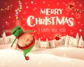 Merry Christmas! Little elf hanging upside down in Christmas snow scene winter landscape