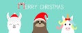 Merry Christmas. Llama alpaca, sloth face set. Red Santa hat. Happy New Year. Cute cartoon funny kawaii character. Greeting card,