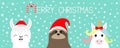 Merry Christmas. Llama alpaca, sloth face set. Red Santa hat. Snow flake. Happy New Year. Cute cartoon funny kawaii character.