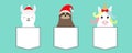 Merry Christmas. Llama alpaca, sloth, unicorn in the pocket, Red hat. Cute cartoon funny kawaii character. Happy New Year. T-shirt