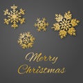 Merry Christmas luxury greeting card vector with sumptuous gold colored snowflakes on gray background