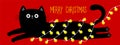 Merry Christmas. Lying cat. Christmas lights set. Lightbulb garland line fairy light. Cute kawaii cartoon baby character. Chilling