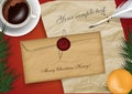 Merry christmas mail mock up with cap of coffe and old paper, illustration