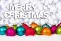 Merry Christmas many colorful balls background decoration snow w Royalty Free Stock Photo